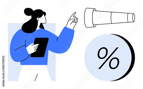 Woman holding a tablet, pointing at a telescope and viewing a large percentage symbol. Ideal for financial reports, investment analysis, economic trends, business growth, market research, educational