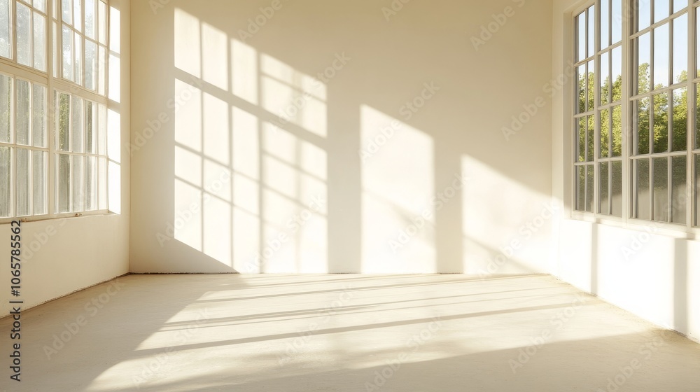 Fototapeta premium A bright and airy room with unpainted walls, a large window, and sunlight streaming in, creating a sense of space, tranquility, and potential.