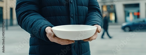 A close-up of a homeless man's hand with a simple white bowl for alms in a bustling city street during the day photo