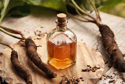 A bottle of homemade herbal tincture with fresh whole burdock root