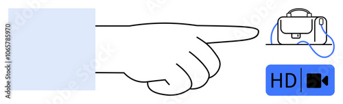 Hand pointing towards a video camera and HD icon, emphasizing high-definition video recording and quality. Ideal for media production, tutorials, vlogging, streaming, educational content, video