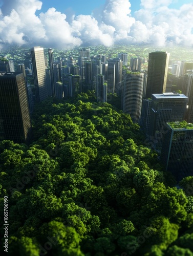 Sustainable Urban Planning Concept: A City Immersed in Nature showcases a futuristic city seamlessly integrated with lush greenery, symbolizing harmony between urban development and environmental sust photo