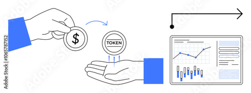 Hand holding coin and exchanging for token near a screen with financial graphs and data charts, arrow pointing forward. Ideal for finance, cryptocurrency, investment, trading, economy, blockchain