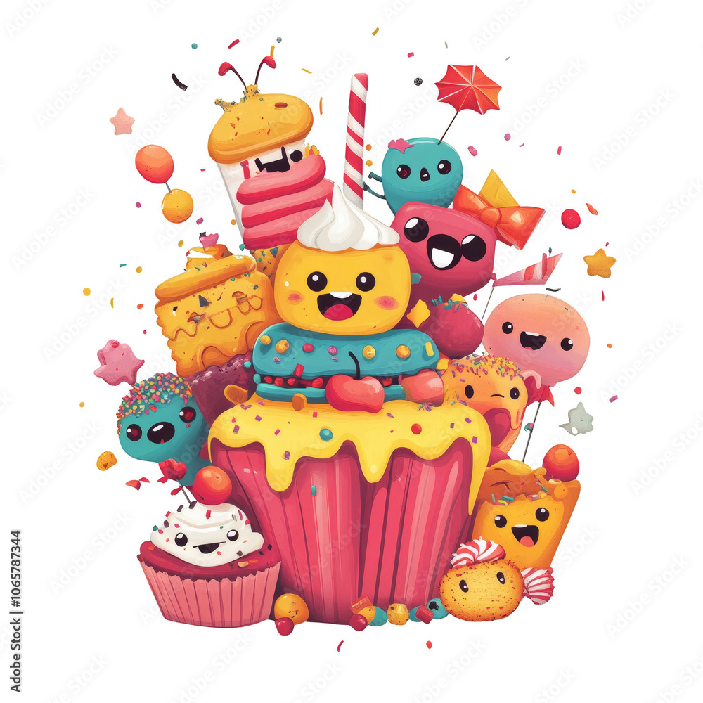 Naklejka premium Happy cartoon cupcakes with sprinkles and candy.