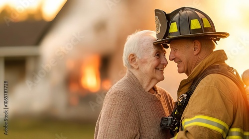 Firefighters helping elderly couple from smoke-filled home, calm and quick rescue photo