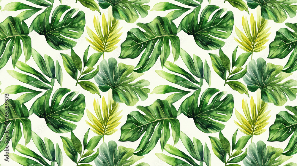 Fototapeta premium Watercolor seamless pattern featuring modern tropical palm leaves perfect for botanical design and vibrant jungle inspired decor