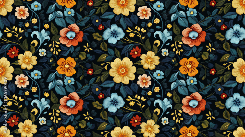 Embroidery seamless pattern featuring elegant floral designs on a dark background ideal for fashion products and decorative prints Embroidery seamless pattern featuring elegant floral designs on a dark background ideal for fashion products and decorative prints