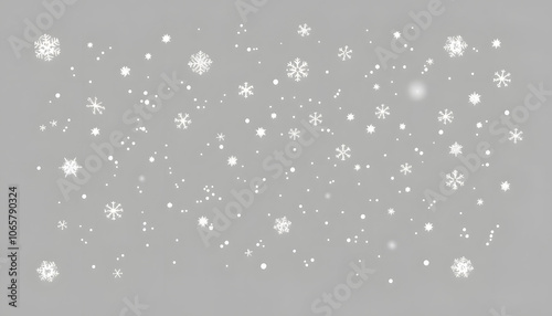 Snow flake particles on grey background isolated with white highlights, png