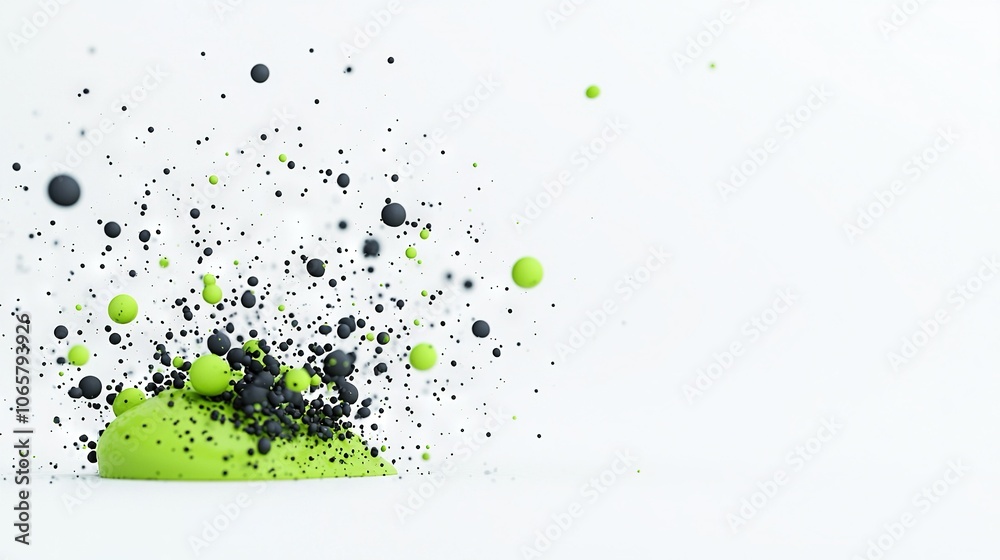 A green object with numerous black dots emanating from its surface is depicted on a white background with many more black dots A green object with numerous black dots emanating from its surface is depicted on a white background with many more black dots