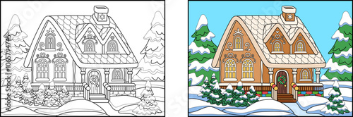 Christmas doodle coloring gingerbread house. Fairytale sweet house in the forest. Antistress coloring for adults and children. Colored and black and white version.