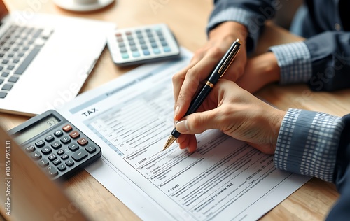 Deduction planning concept. Asian young woman hand using calculator to calculating balance prepare tax reduction income, cost budget expenses for pay money form personal Individual Income Tax Return.  photo