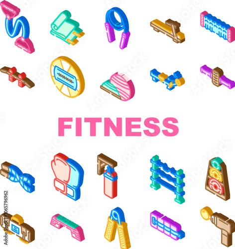 fitness tool dumbbell kettlebell icons set vector. barbell resistanceband, jumprope yoga, mat foamroller, medicineball pullup fitness tool dumbbell kettlebell isometric sign illustrations