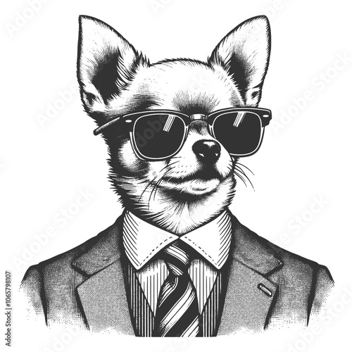 chihuahua businessman in a suit and aviator sunglasses, elegance and humor in a stylized vintage look sketch engraving generative ai vector illustration. Scratch board imitation. Black and white image