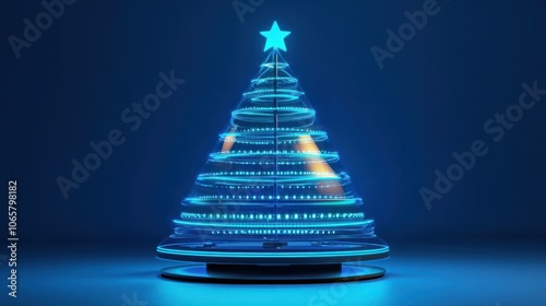 Modern Electronic Christmas Tree Isolated on Blue Background: Futuristic Holiday Decor