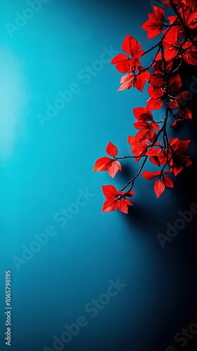   A red leafed tree branch on a blue background provides space for adding text or images photo