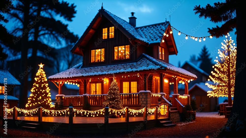 Cozy cabin with festive holiday lights in a snowy winter wonderland at dusk