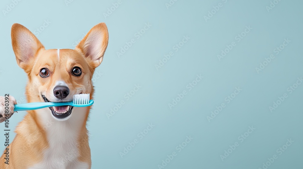 A cheerful dog happily holds a blue toothbrush in its mouth, promoting pet dental health in a bright, inviting setting