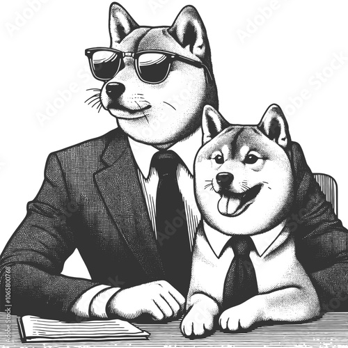 two dogs dressed in suits, symbolizing humor and professionalism in a business setting sketch engraving generative ai vector illustration. Scratch board imitation. Black and white image.