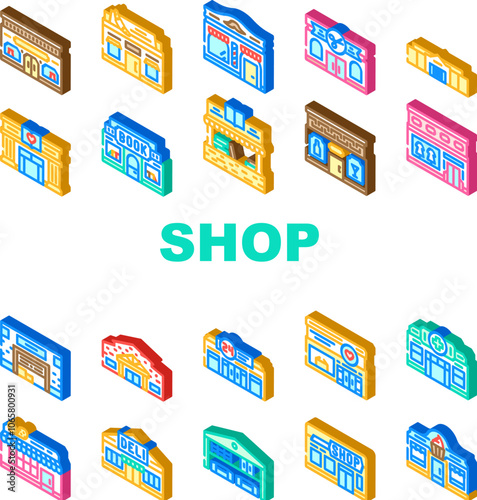 shop store retail purchase sale icons set vector. discount cart, checkout inventory, merchandise boutique, outlet, mall, e commerce shop store retail purchase sale isometric sign illustrations