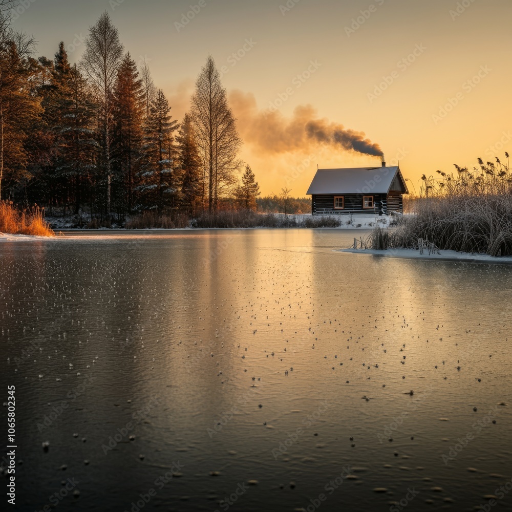Obraz premium Cozy Winter Scenes: Rustic cabins, snowy landscapes, and charming holiday ambiance