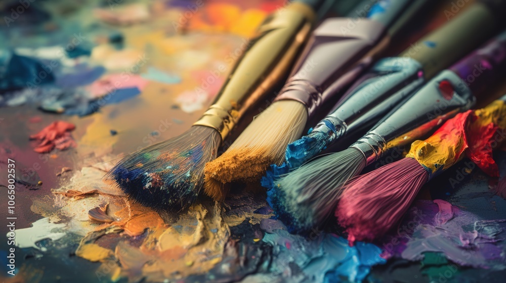 Obraz premium Vibrant Paintbrushes Resting on Colorful Palette Surface