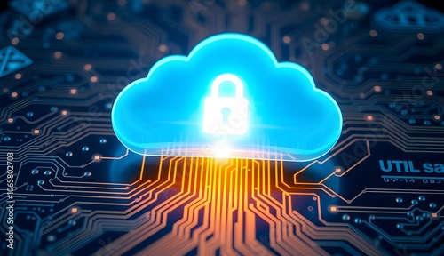 A luminous cloud with a padlock symbol hovers above a detailed circuit board, symbolizing cloud security. The circuit board's intricate pathways reflect light from the glowing cloud, emphasizing the s photo