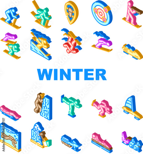 winter sport skiing snowboarding icons set vector. iceskating sledding, curling biathlon, bobsleigh luge, snowshoeing, hockey winter sport skiing snowboarding isometric sign illustrations