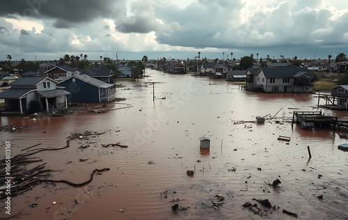 A coastal community rebuilding after being devastated by a storm surge or hurricane, depicting the resilience efforts needed to adapt to climate change impacts. Climate change photo