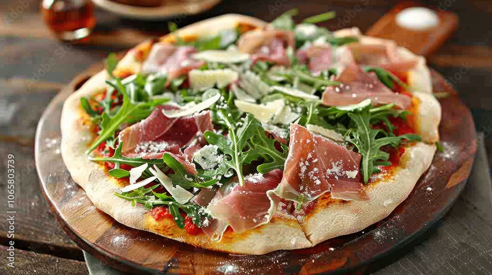 Prosciutto crudo, arugula, and parmesan pizza Prosciutto crudo, arugula, and parmesan pizza