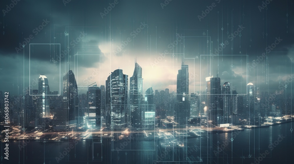Obraz premium Futuristic City Skyline with Digital Overlay