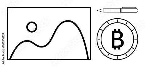 Bitcoin coin and landscape graph indicating cryptocurrency trends with pen. Ideal for financial technology, investment planning, market analysis, educational material, business reports, digital