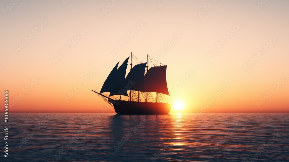 Fototapeta premium Silhouette of a sailboat sailing on the ocean at sunset.