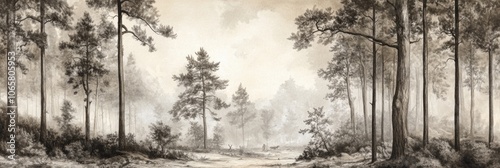 Enchanted Timberland: Vintage Watercolor Landscape of European Forest in Black and White