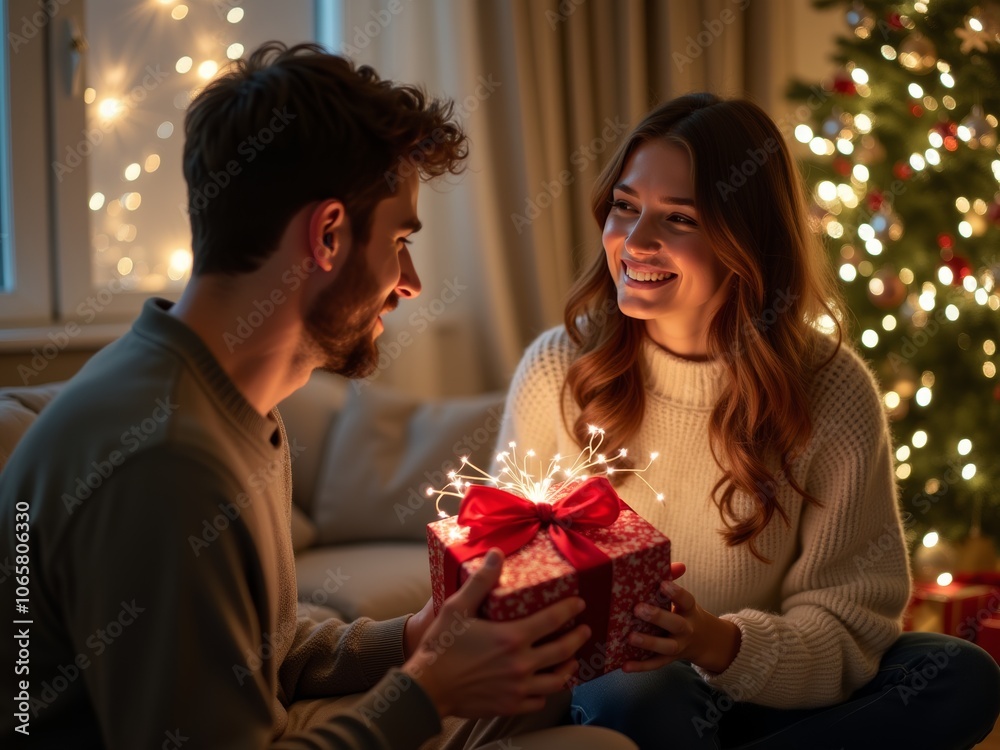 Couple exchanges a beautifully wrapped gift together by a cozy Christmas tree in a softly lit living room during a festive celebration
