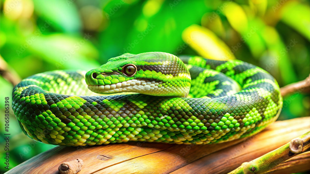 Fototapeta premium Vibrant green snake coiled on a branch in tropical jungle