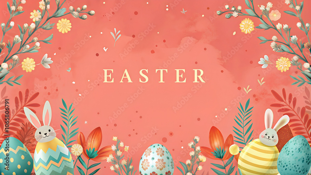 Obraz premium Easter celebration with bunnies and decorated eggs on floral background