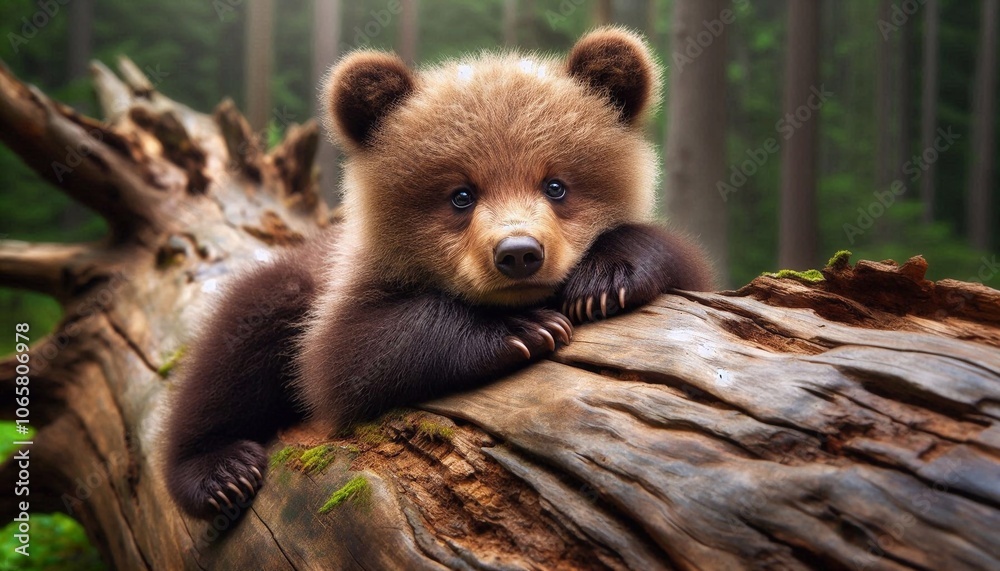 Obraz premium kleines Grizzly chillt auf Baumstamm