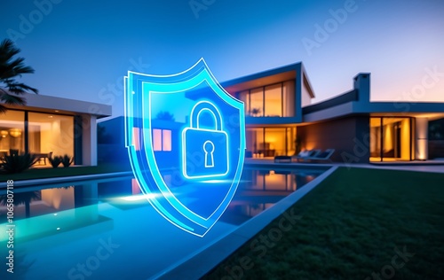 Glowing padlock and shield are superimposed over a modern smart home, representing a secure and protected residence