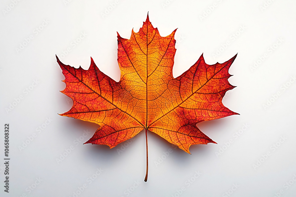 Fototapeta premium An autumn maple leaf with rich shades of orange and red, detailed with intricate veins, set against a clean white background