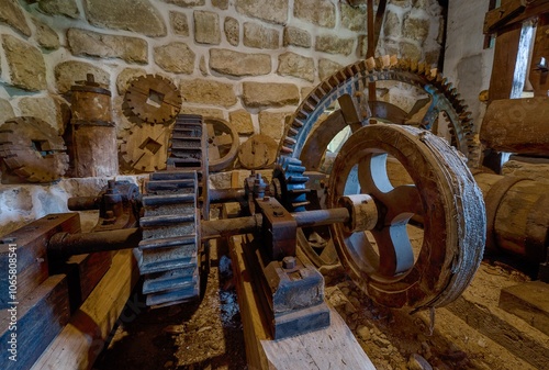 Old rusty gear, A view of the old farm buildings in the open-air museum