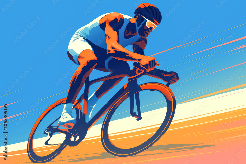 Obraz premium Cyclist Racing with Intensity on Open Road. A dynamic digital artwork of a male athlete with brown skin, leaning forward on his bike, emphasizing speed and focus. 