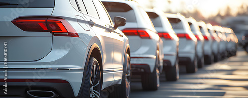 Back view many modern new SUV cars fleet stock at dealership parking lot. Automobile market production factory industry warehouse. Auto salvage buy and sell auction purchase seller platform