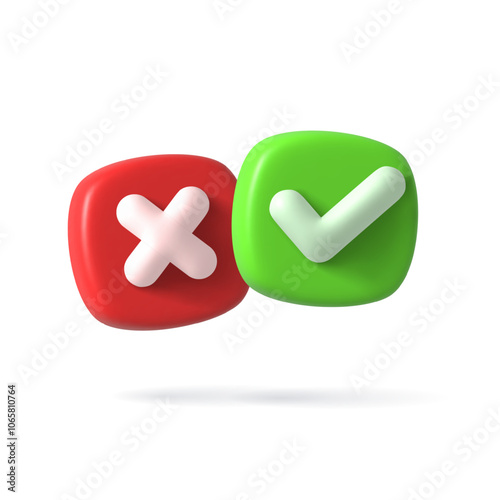 Vector Render 3d of Right Check Mark box. Green Approvement icon or emblem. Vector illustration