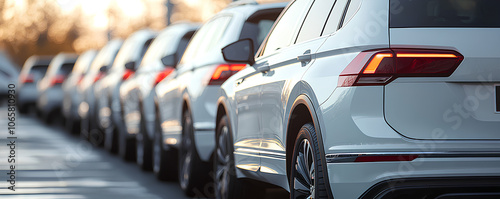Back view many modern new SUV cars fleet stock at dealership parking lot. Automobile market production factory industry warehouse. Auto salvage buy and sell auction purchase seller platform