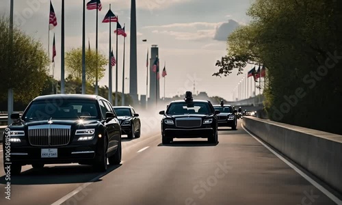 Presidential motorcade with black cars.