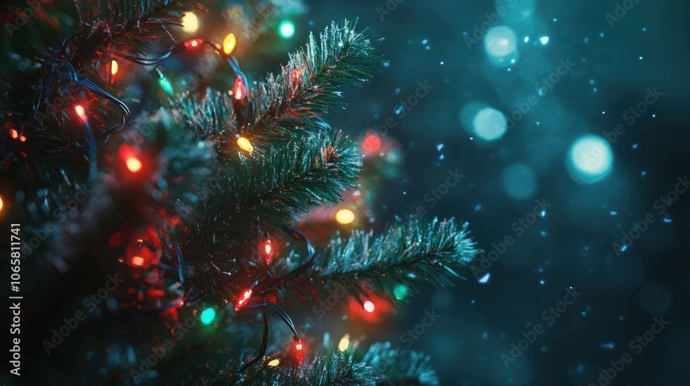 A vibrant display of multicolored lights on an outdoor Christmas tree, creating a bokeh effect against a dark background. Copy space. Phone screen wallpaper. A vibrant display of multicolored lights on an outdoor Christmas tree, creating a bokeh effect against a dark background. Copy space. Phone screen wallpaper.