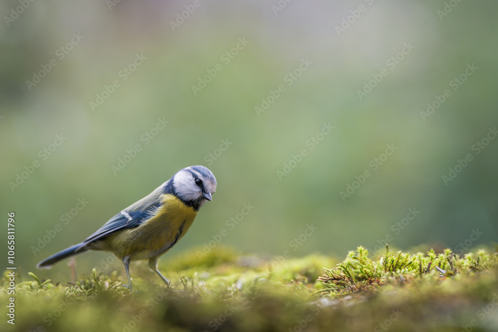 Blue tit on the mossy ground. Blur background with shallow depth of field.
Blue tit on the mossy ground. Blur background with shallow depth of field.