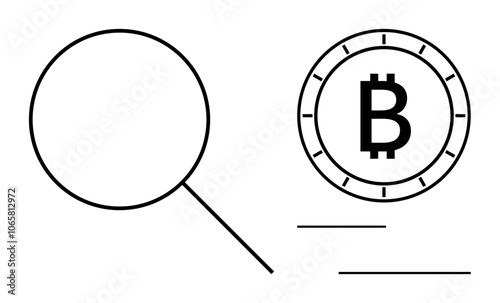 Magnifying glass emphasizing a Bitcoin symbol, suggesting the examination of digital currency. Ideal for financial analytics, cryptocurrency research, blockchain technology, investment strategies