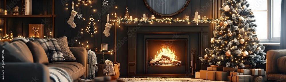 Obraz premium Cozy Living Room with Christmas Tree, Fireplace, and Decor