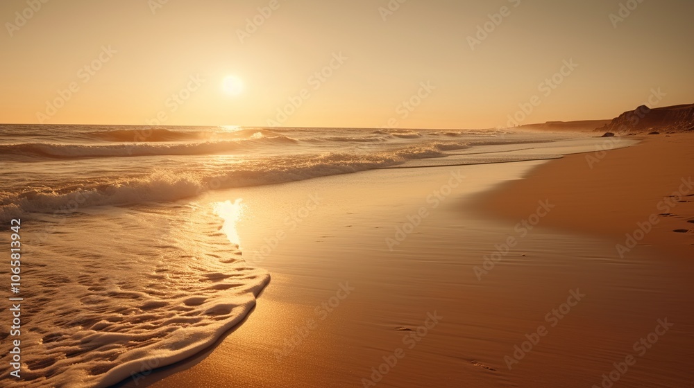 Obraz premium Sunset Over Tranquil Ocean Beach Landscape